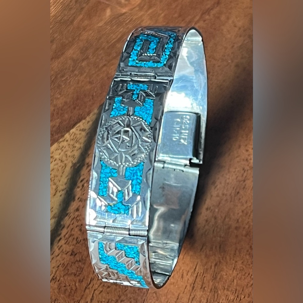 GM 10 MEXICO 925 STERLING SILVER TURQUOISE INLAY Hinge BRACELET 6.75” clasp 22g - Picture 13 of 16